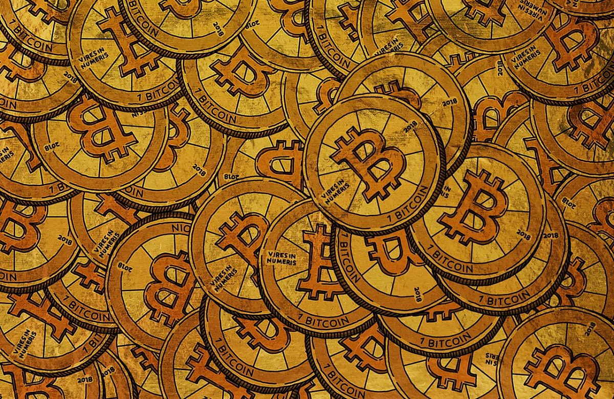 Bitcoin cryptocurrency coins and tokens displayed together