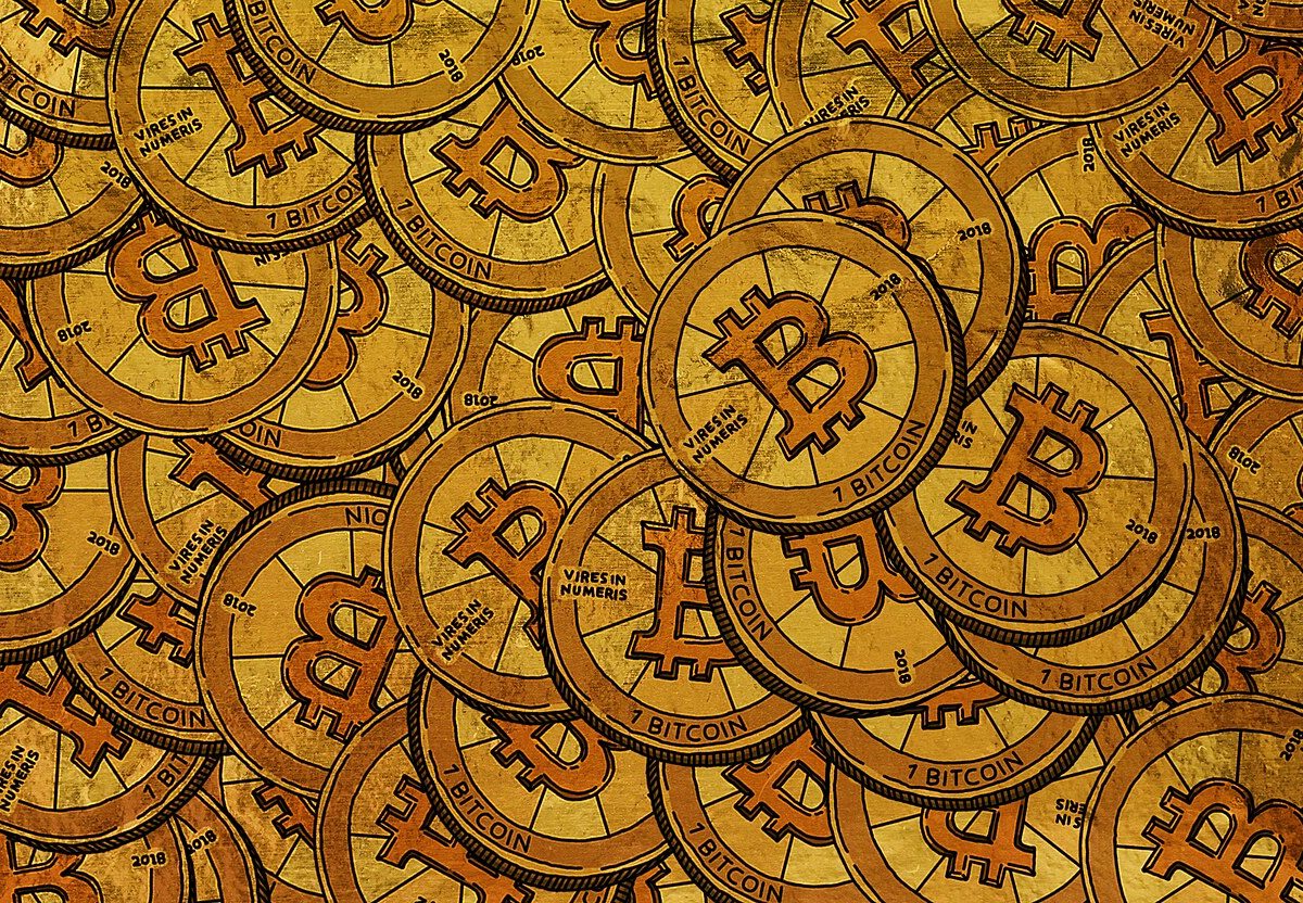 Bitcoin cryptocurrency coins and tokens displayed together