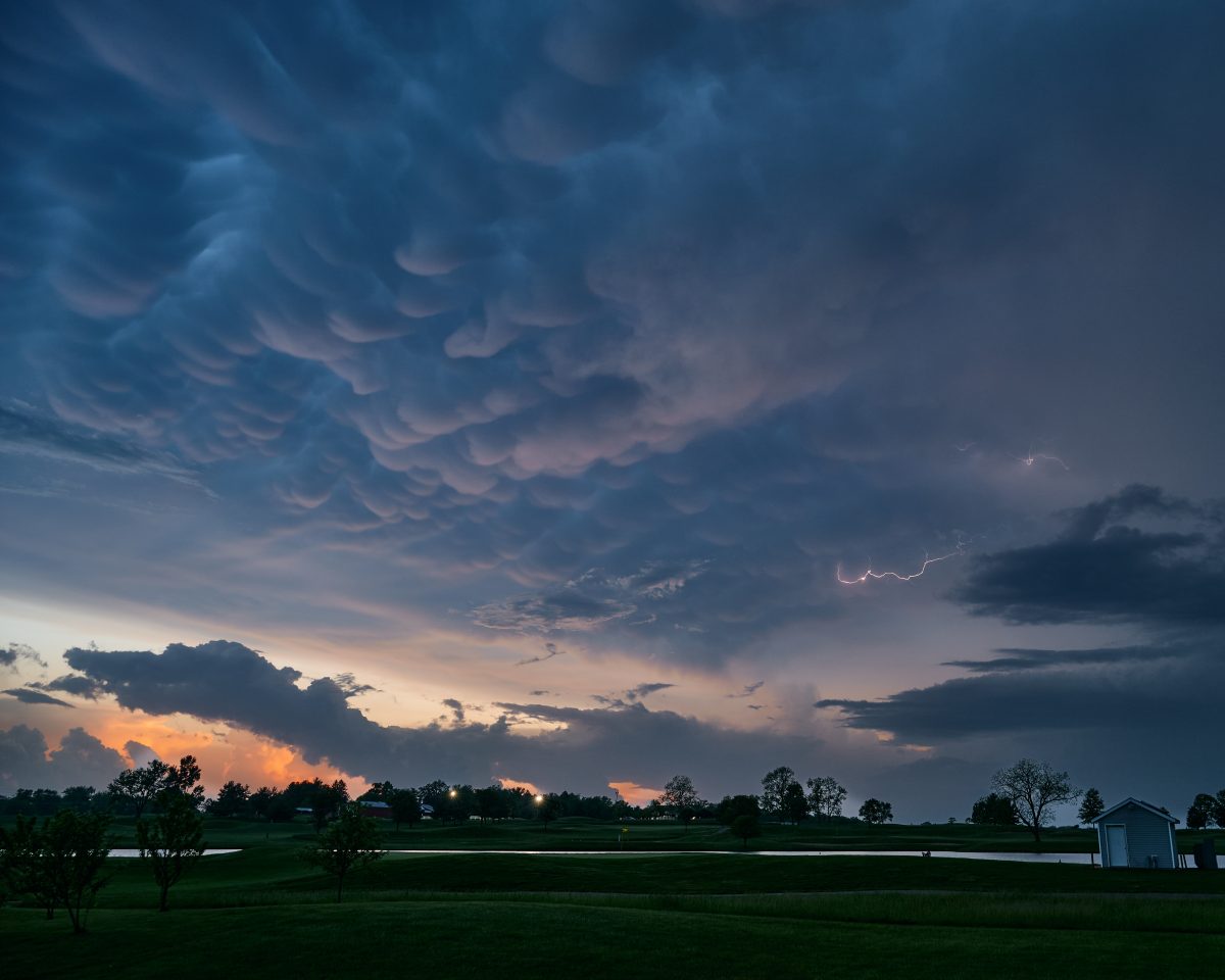 Mammatus clouds and lightning ahead of a severe storm