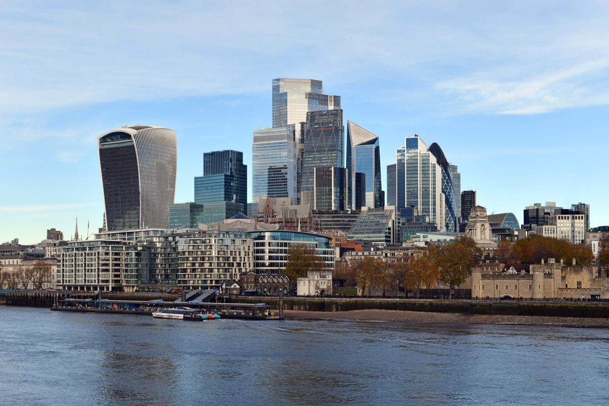 View of the City of London financial district skyline from across the Thames