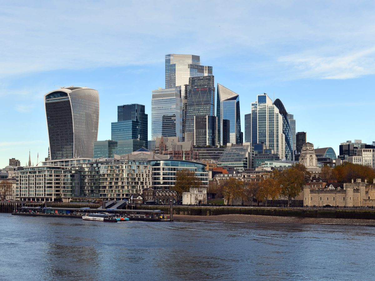 View of the City of London financial district skyline from across the Thames