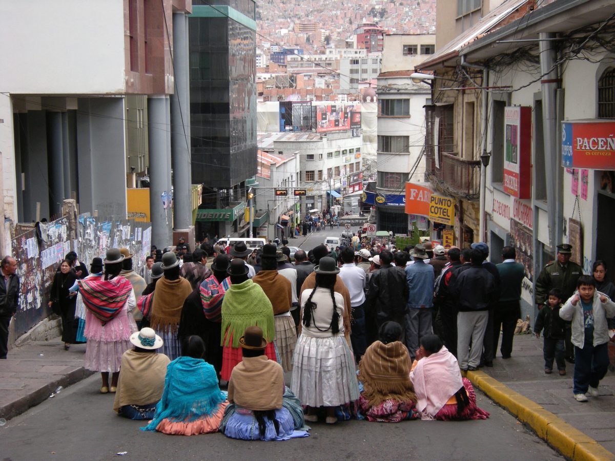 Protesters block a road outside the Bolivian Ministry of Justice in La Paz