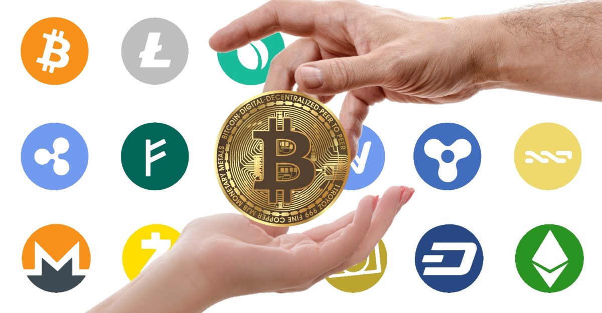 Cryptocurrency logos including Bitcoin Ethereum and other digital assets
