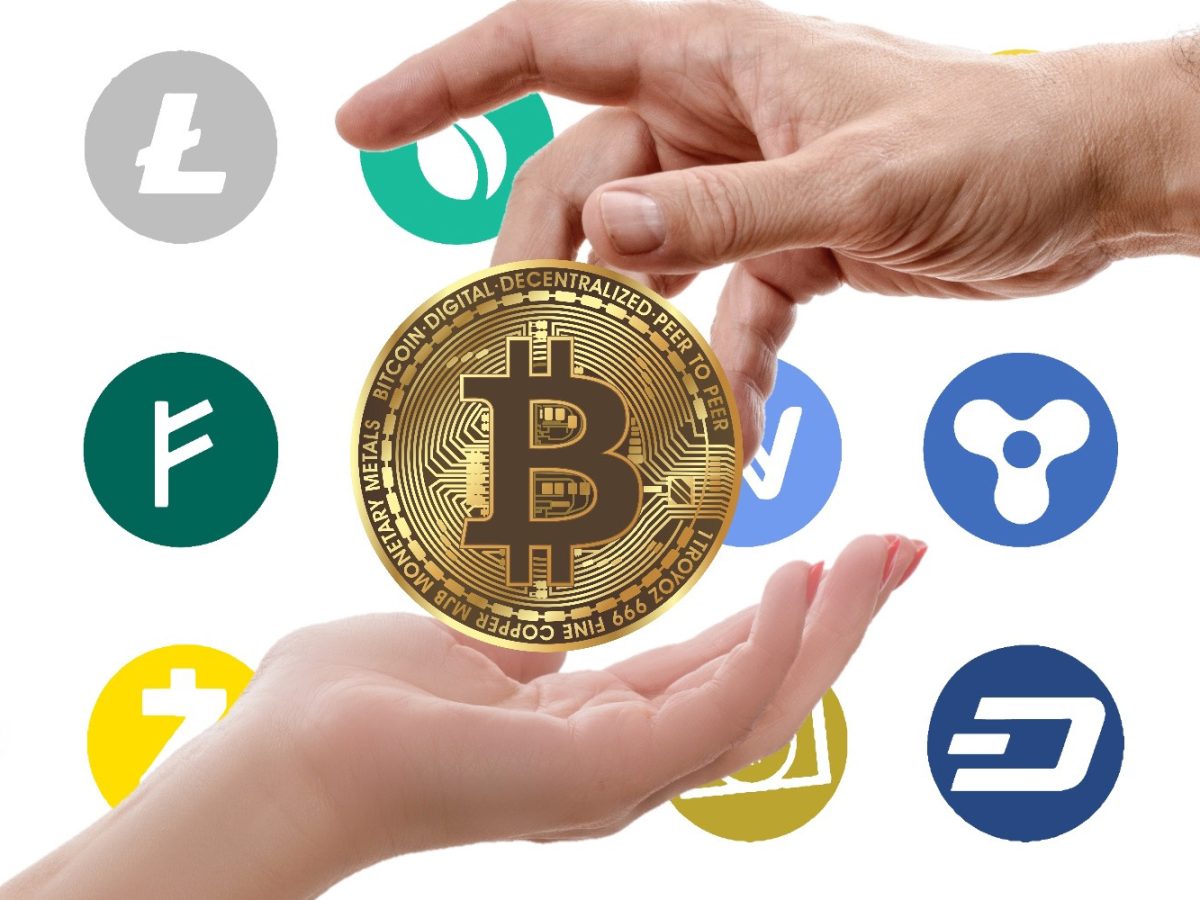Cryptocurrency logos including Bitcoin Ethereum and other digital assets