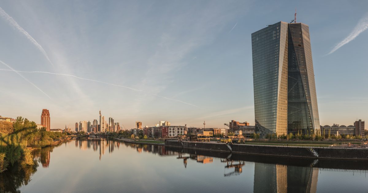 European Central Bank headquarters and Frankfurt skyline at dawn