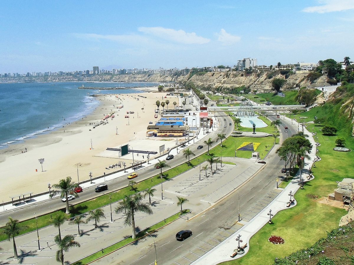 Panoramic view of Chorrillos district and Lima coastline, Peru