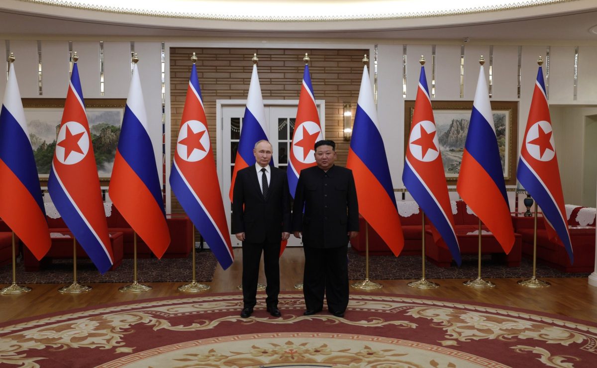 Kim Jong-un and Vladimir Putin at a bilateral meeting in 2024