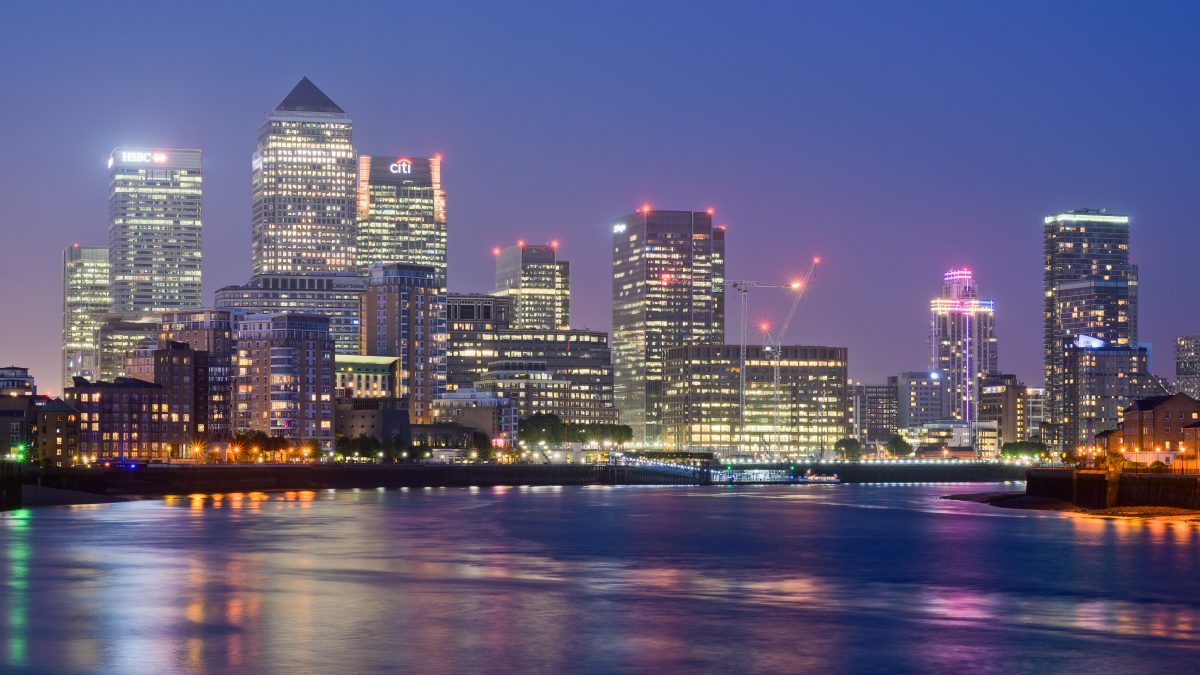 Canary Wharf financial district skyline in London