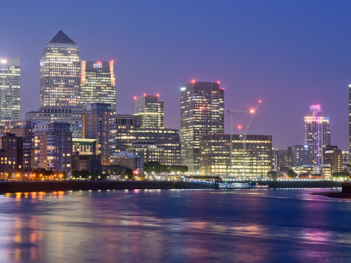 Canary Wharf financial district skyline in London