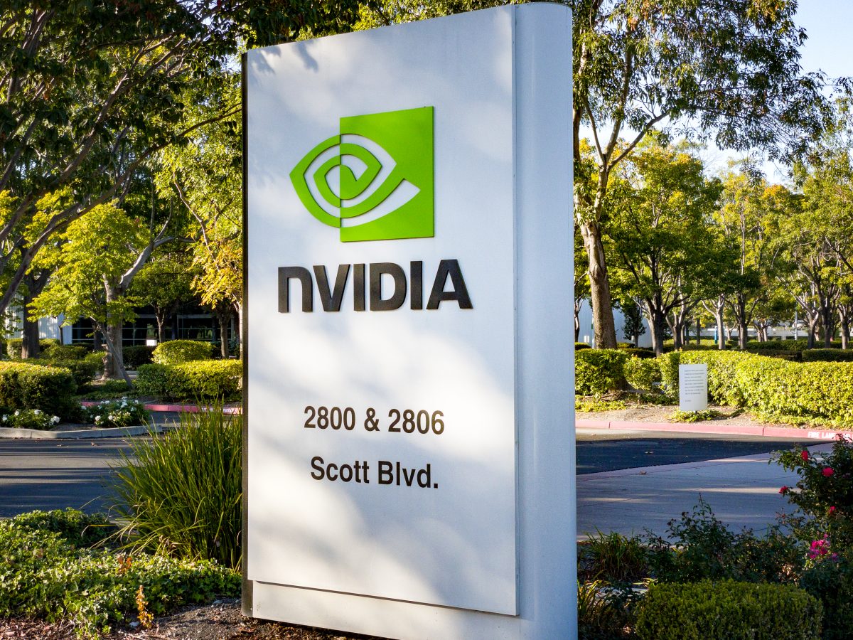 Nvidia corporate sign outside headquarters campus in Santa Clara, California