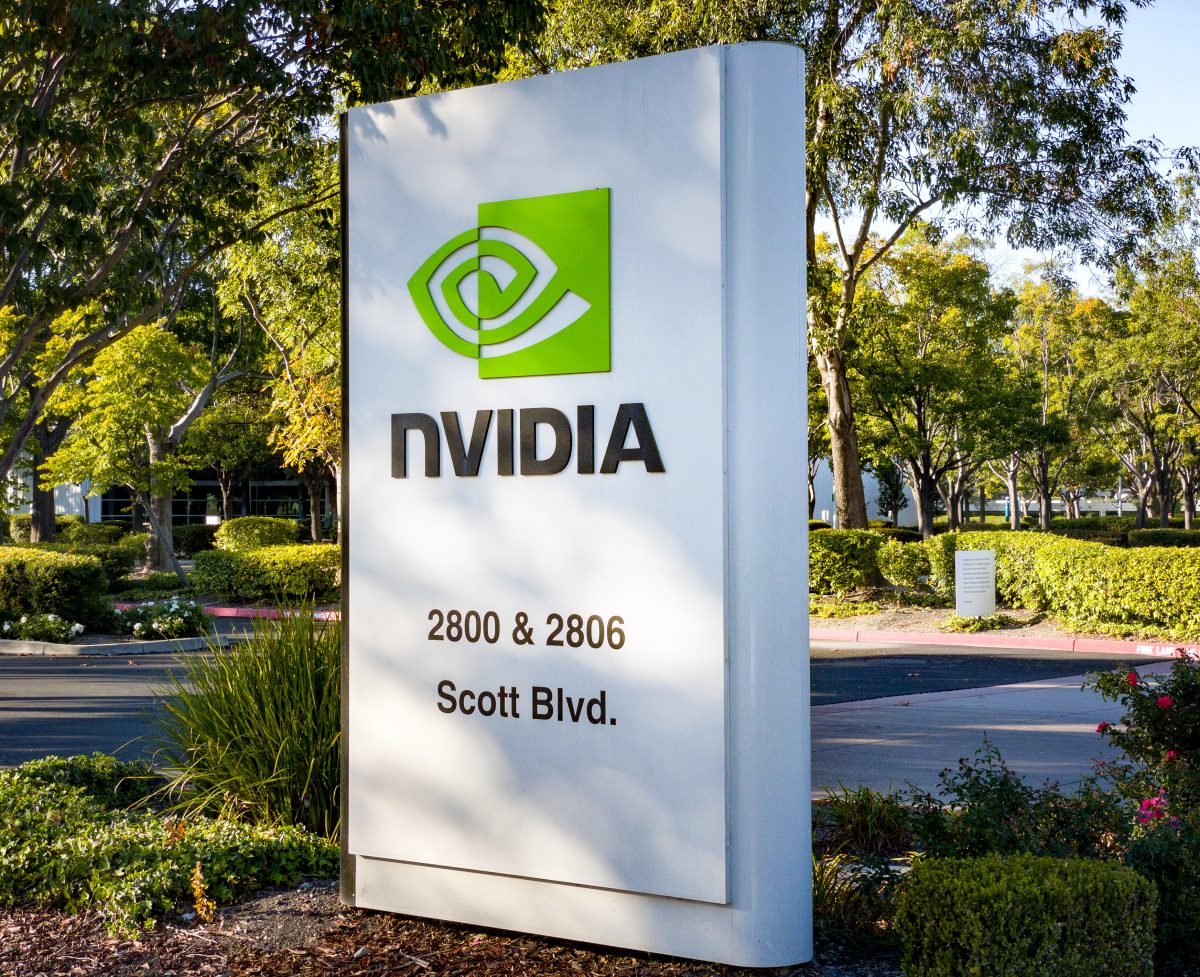 Nvidia corporate sign outside headquarters campus in Santa Clara, California