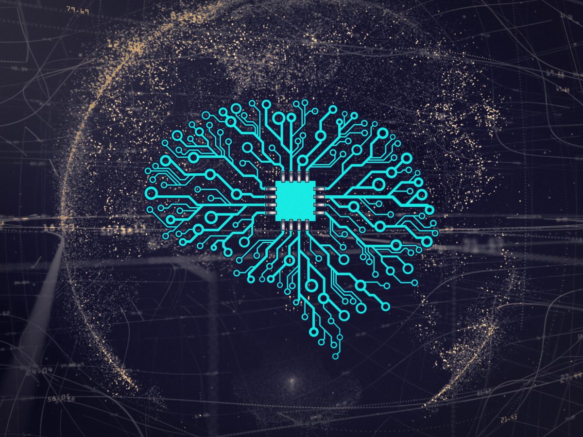 Visualization of an artificial neural network overlaid on a semiconductor chip