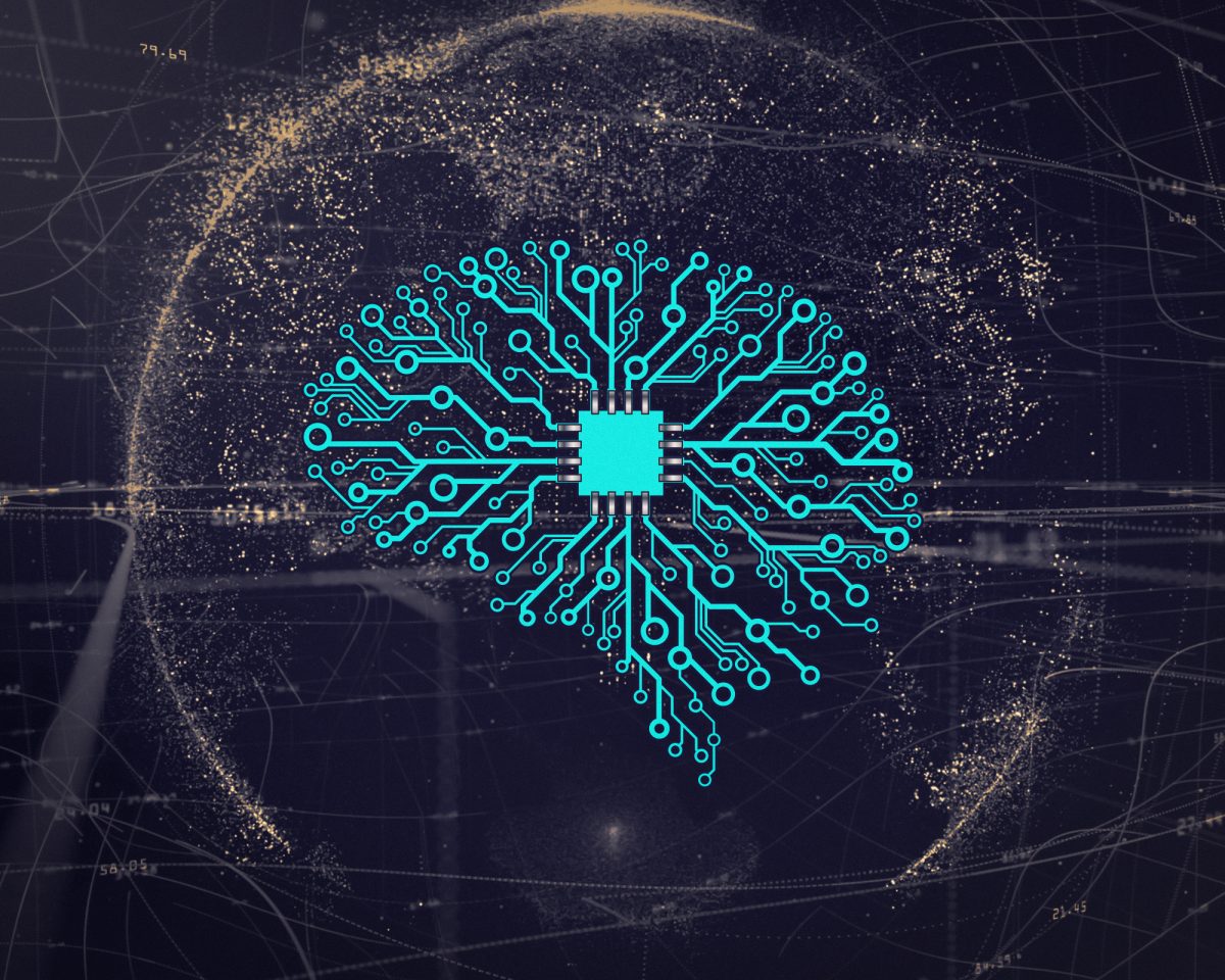 Visualization of an artificial neural network overlaid on a semiconductor chip