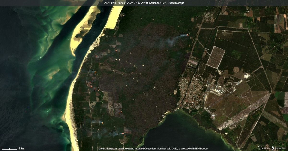 Satellite view of the Gironde wildfire burning near Bordeaux, southwest France, July 2022