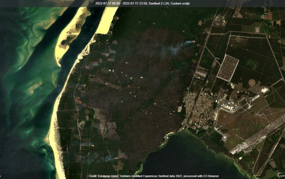 Satellite view of the Gironde wildfire burning near Bordeaux, southwest France, July 2022