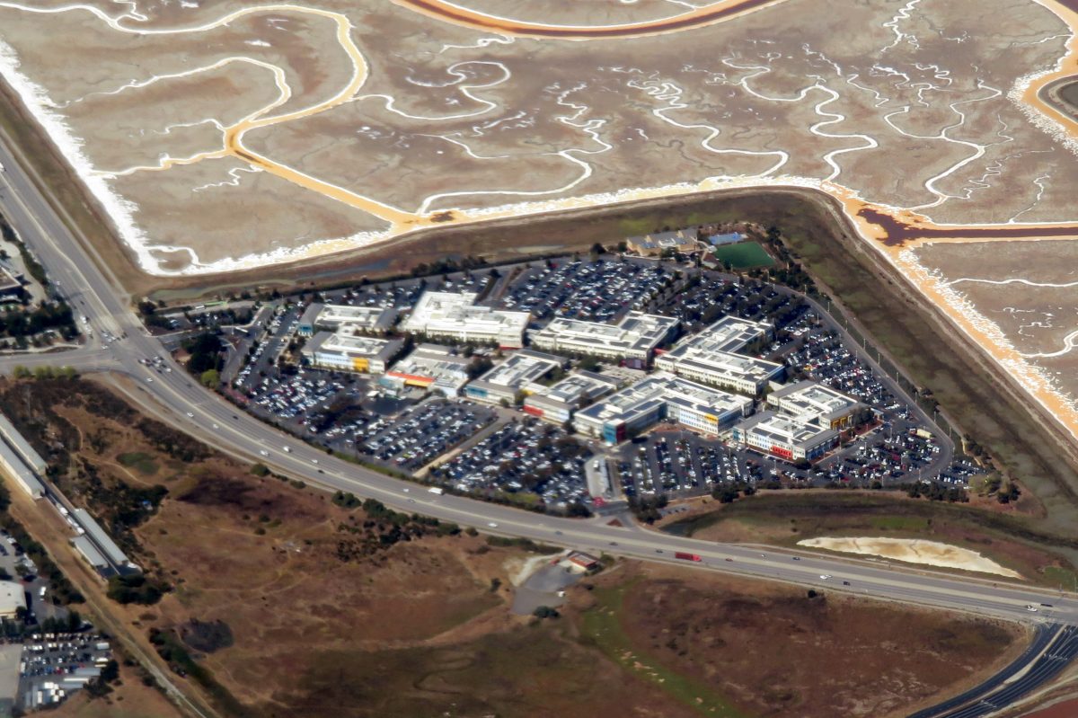 Aerial view of Meta Platforms (formerly Facebook) headquarters campus in Menlo Park, California