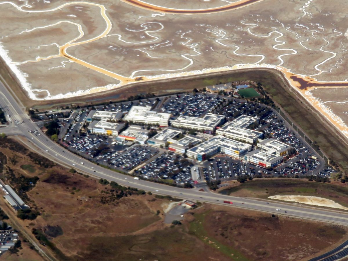Aerial view of Meta Platforms (formerly Facebook) headquarters campus in Menlo Park, California
