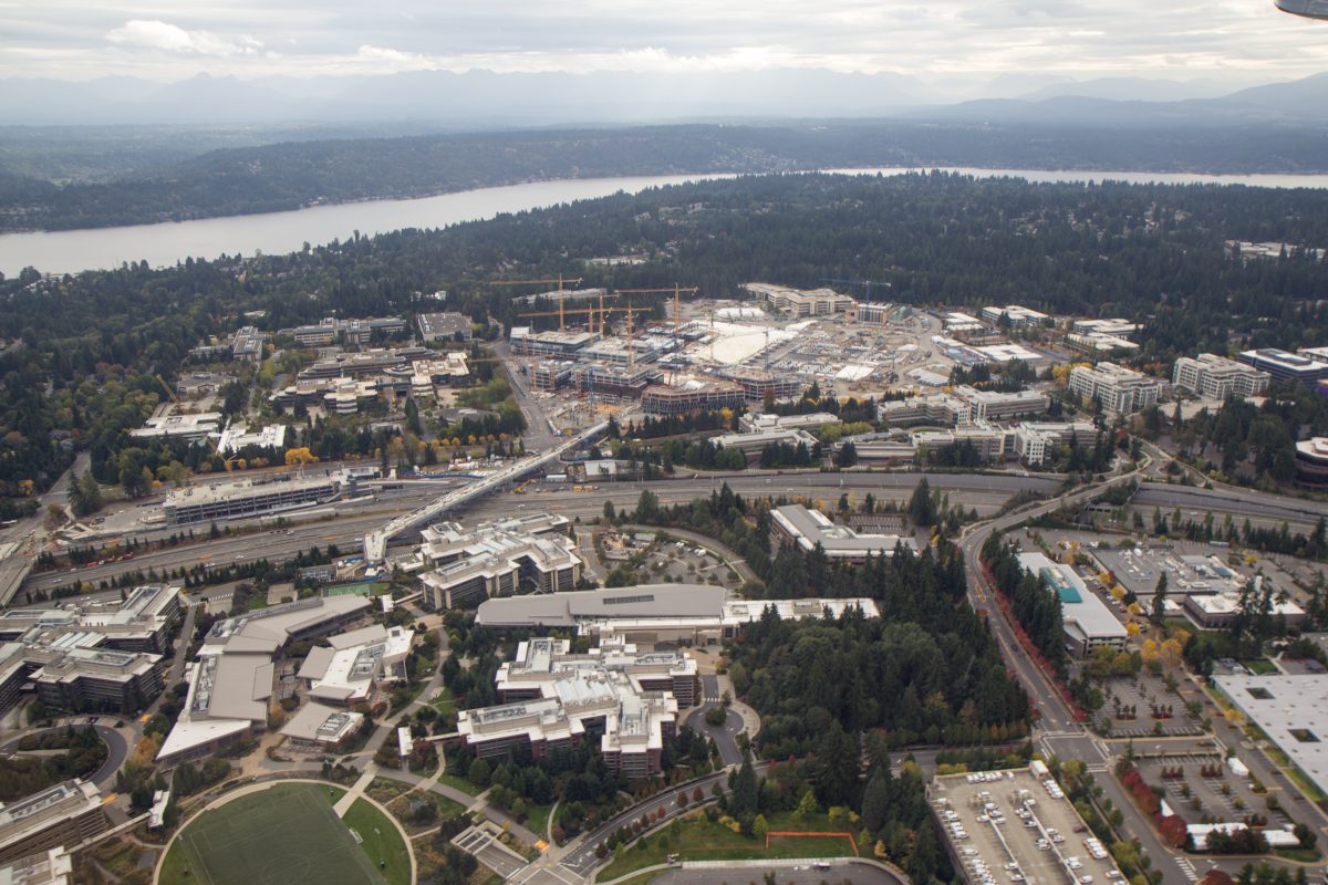 Aerial view of Microsoft's Redmond campus redevelopment in Washington state, September 2021