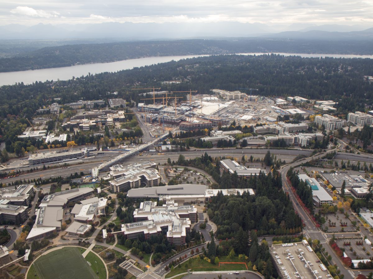 Aerial view of Microsoft's Redmond campus redevelopment in Washington state, September 2021