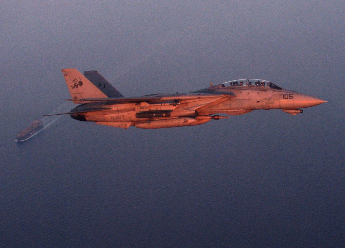 US Navy F-14D Tomcat conducts maritime security mission over Persian Gulf oil tanker