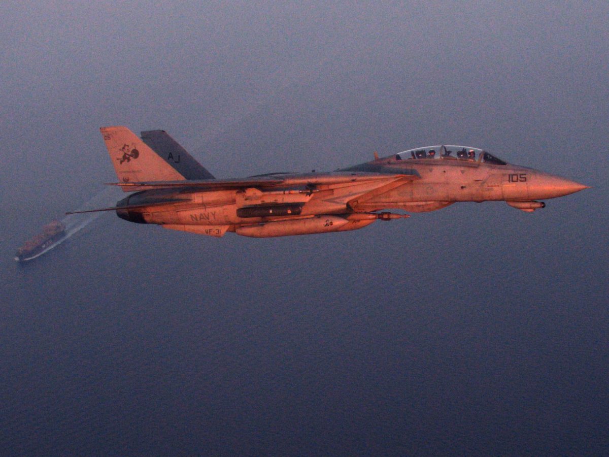 US Navy F-14D Tomcat conducts maritime security mission over Persian Gulf oil tanker