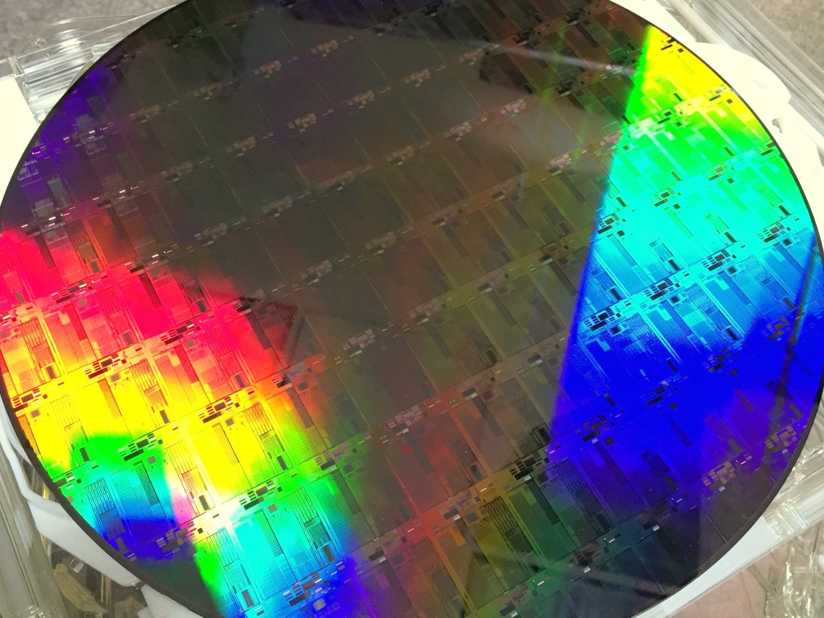 A 300mm silicon photonics wafer used in semiconductor chip manufacturing