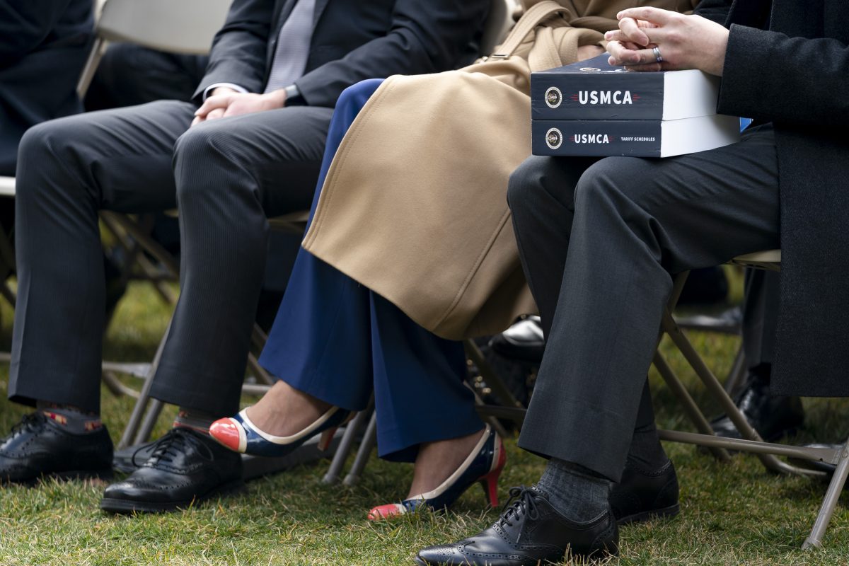 Copies of the USMCA agreement on display at the 2020 signing ceremony on the South Portico of the White House