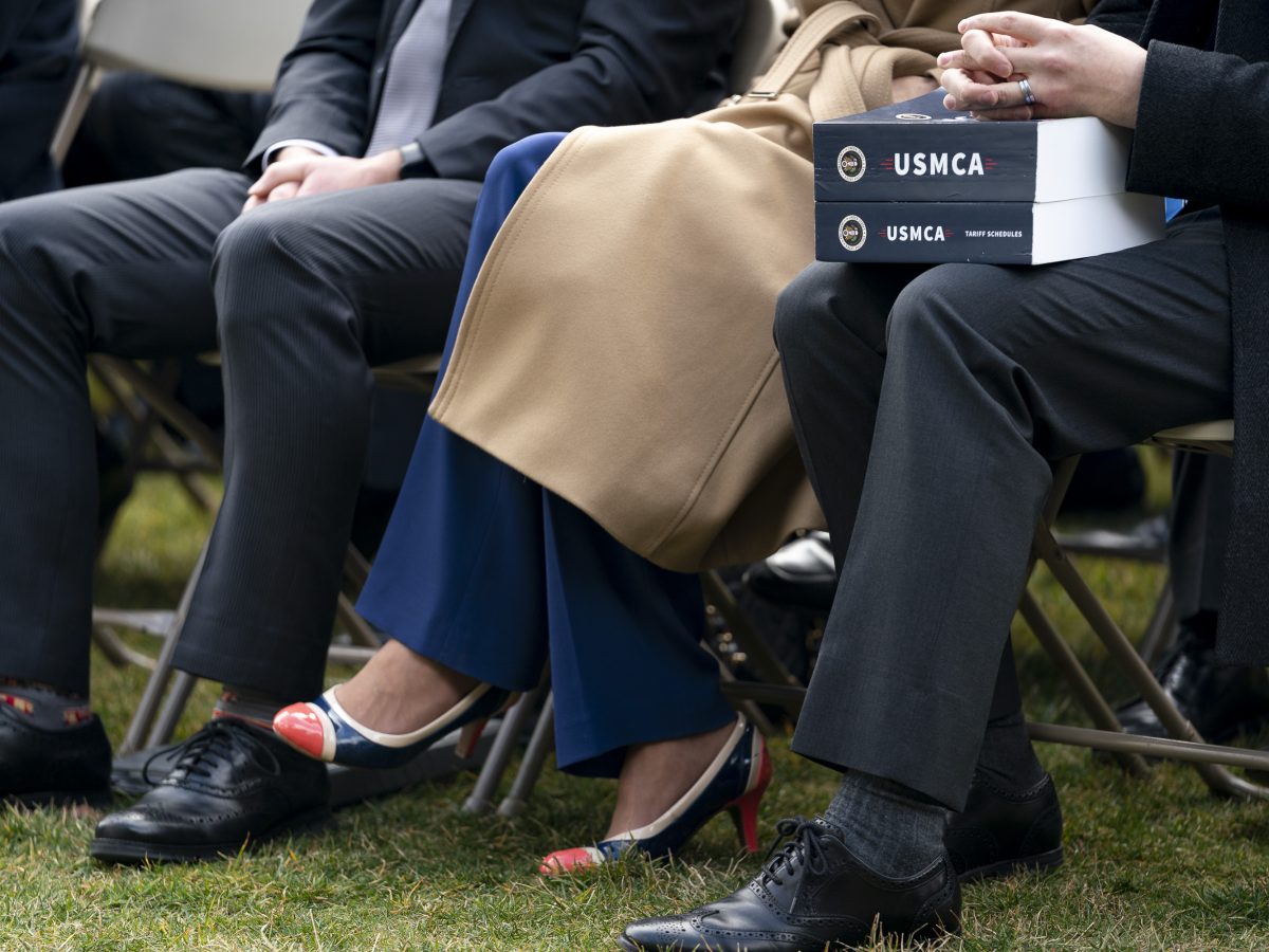 Copies of the USMCA agreement on display at the 2020 signing ceremony on the South Portico of the White House