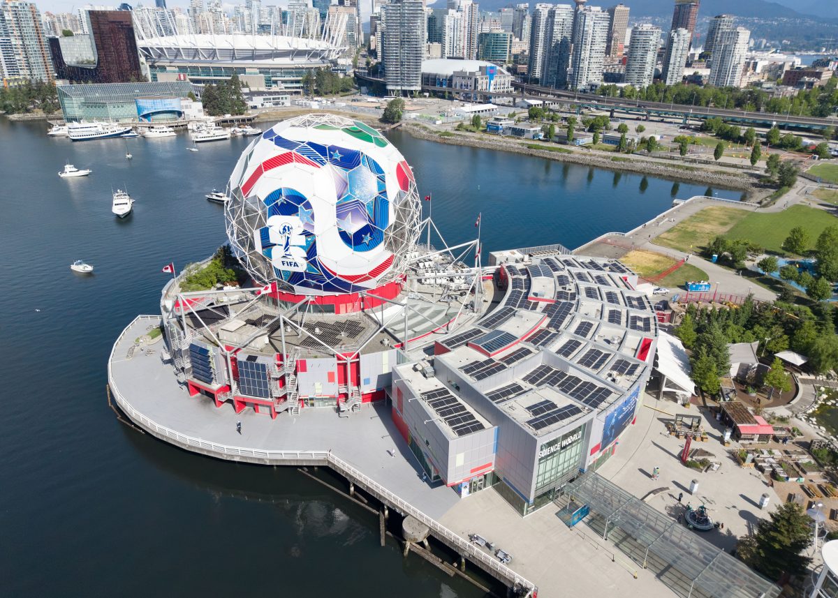 Science World at TELUS World of Science in Vancouver lit up in FIFA World Cup 2026 colours