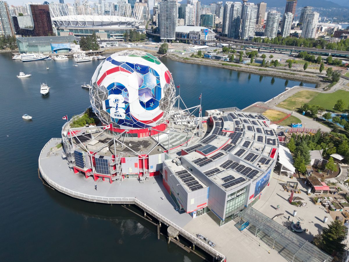 Science World at TELUS World of Science in Vancouver lit up in FIFA World Cup 2026 colours