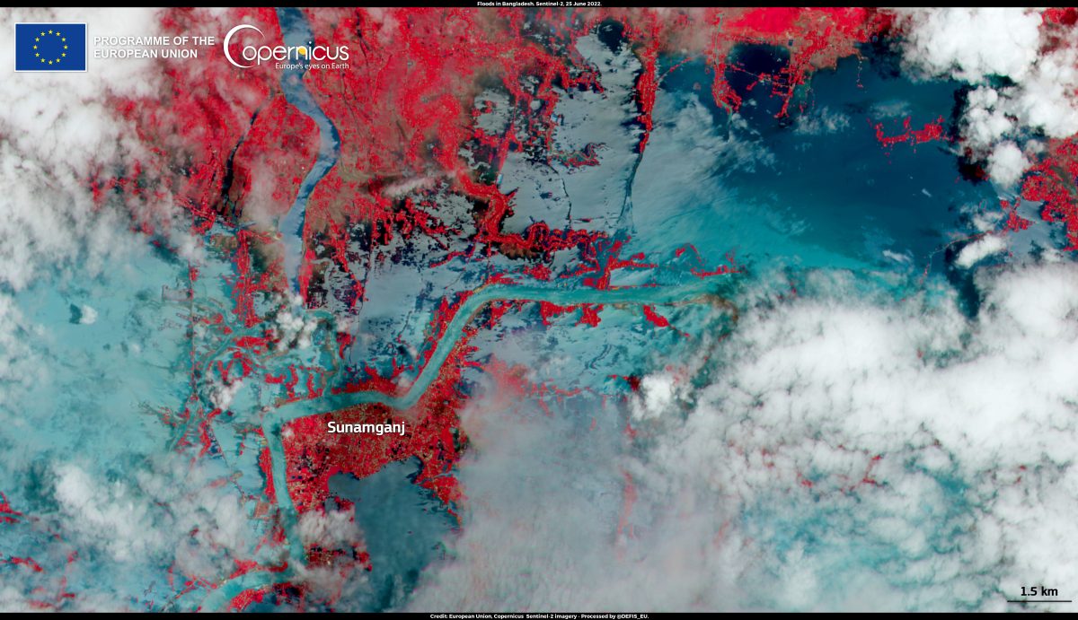 Satellite image of floodwaters inundating Bangladesh during the 2026 monsoon season