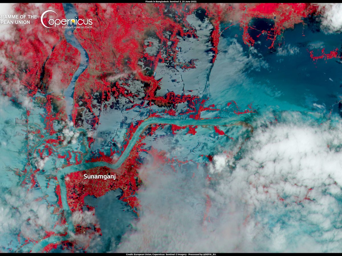 Satellite image of floodwaters inundating Bangladesh during the 2026 monsoon season