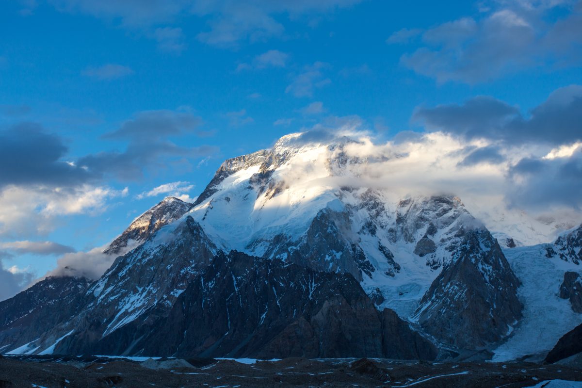 Broad Peak mountain in the Karakoram range, Pakistan, illuminated at daybreak from Concordia Camp