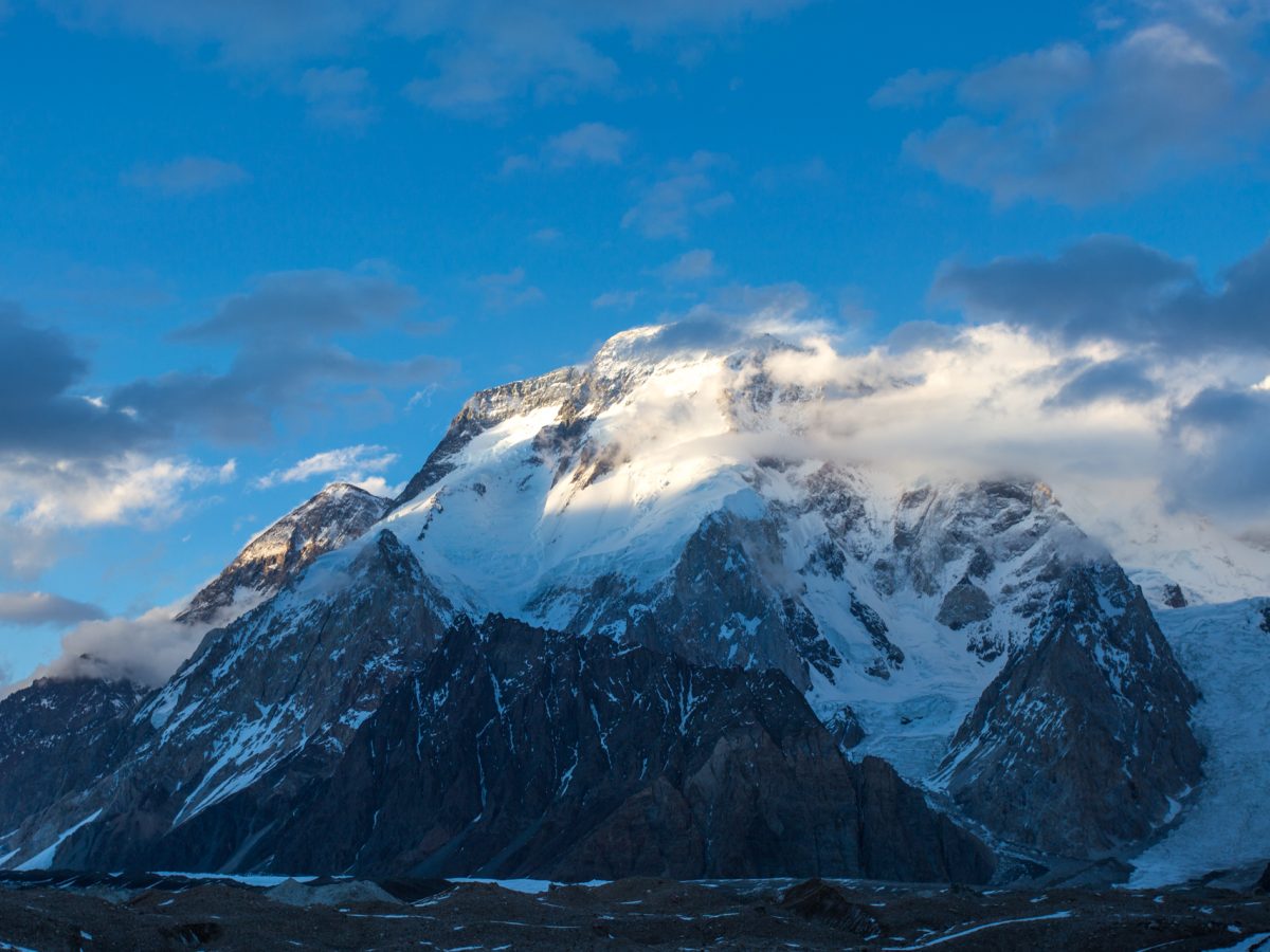 Broad Peak mountain in the Karakoram range, Pakistan, illuminated at daybreak from Concordia Camp