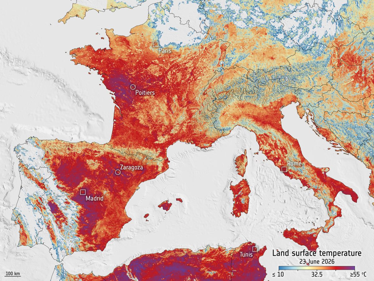 Satellite thermal image of Europe during extreme summer heatwave