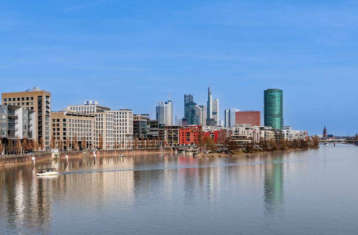 Frankfurt skyline with Westhafen and financial district, Germany, March 2026