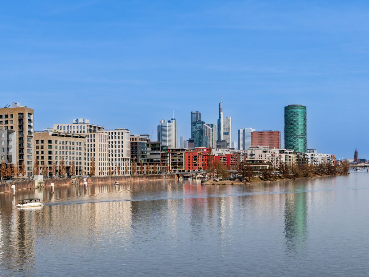 Frankfurt skyline with Westhafen and financial district, Germany, March 2026