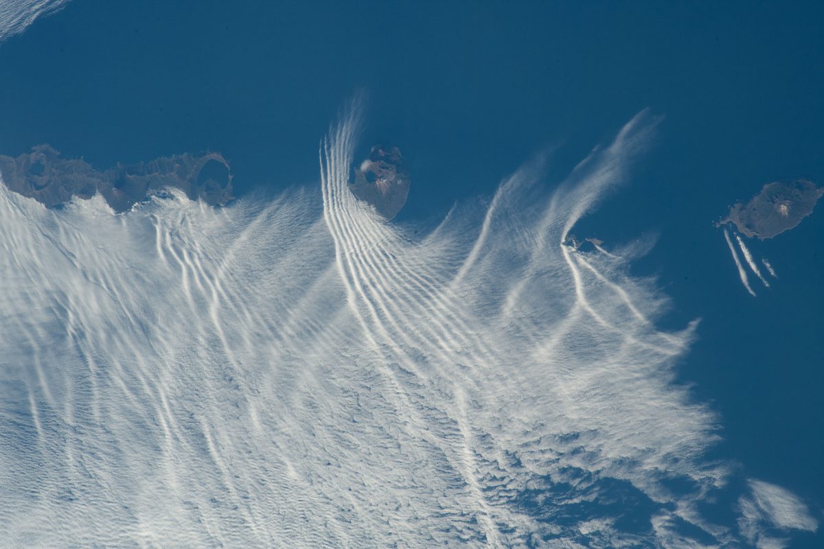 Aerial view of the Kuril Islands chain as photographed from the International Space Station