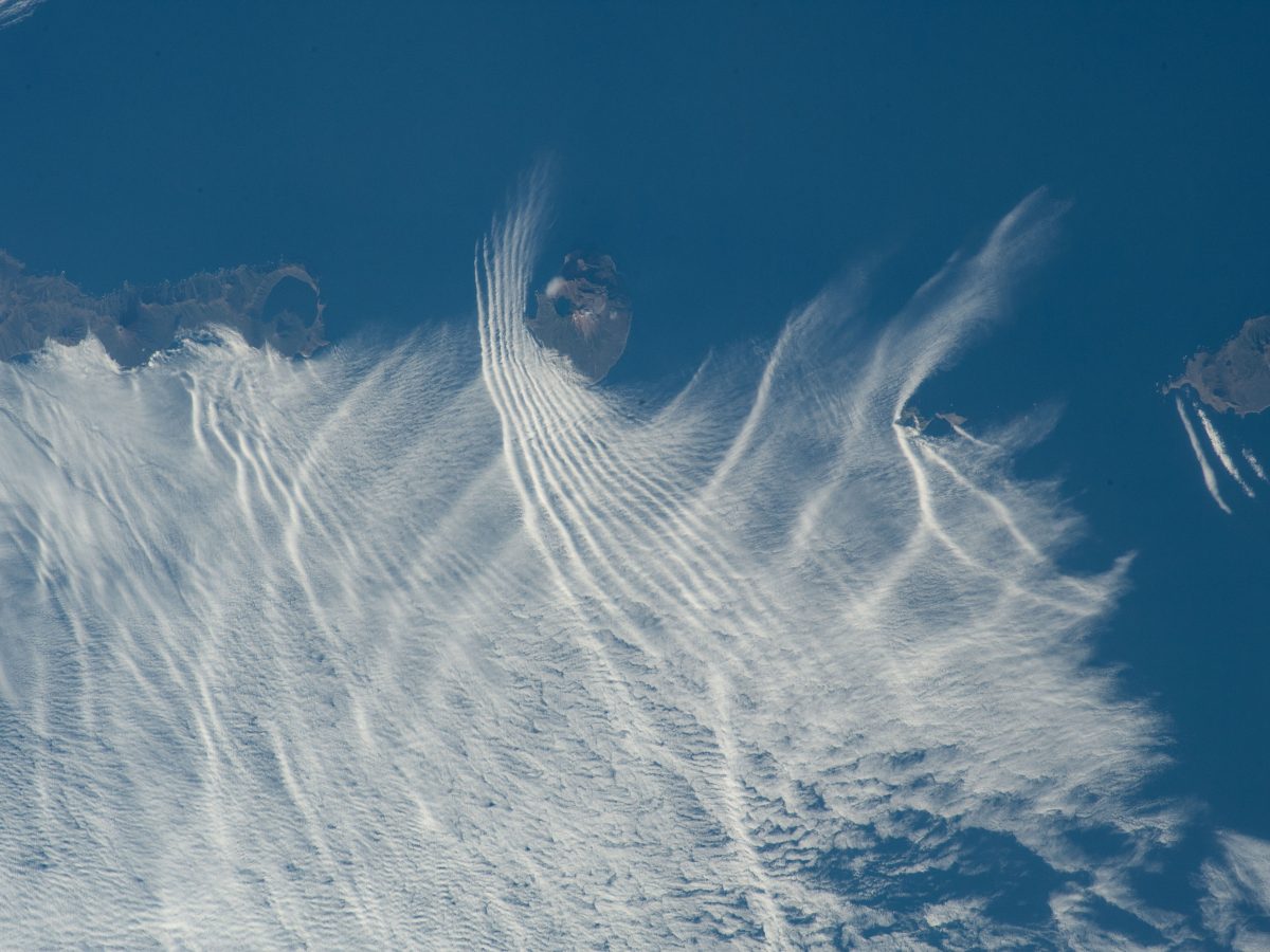 Aerial view of the Kuril Islands chain as photographed from the International Space Station