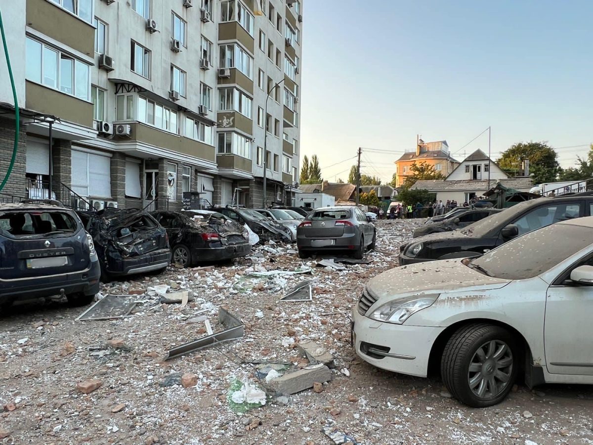 Damage in Kyiv after a Russian drone attack in 2023, showing apartment blocks struck by drones