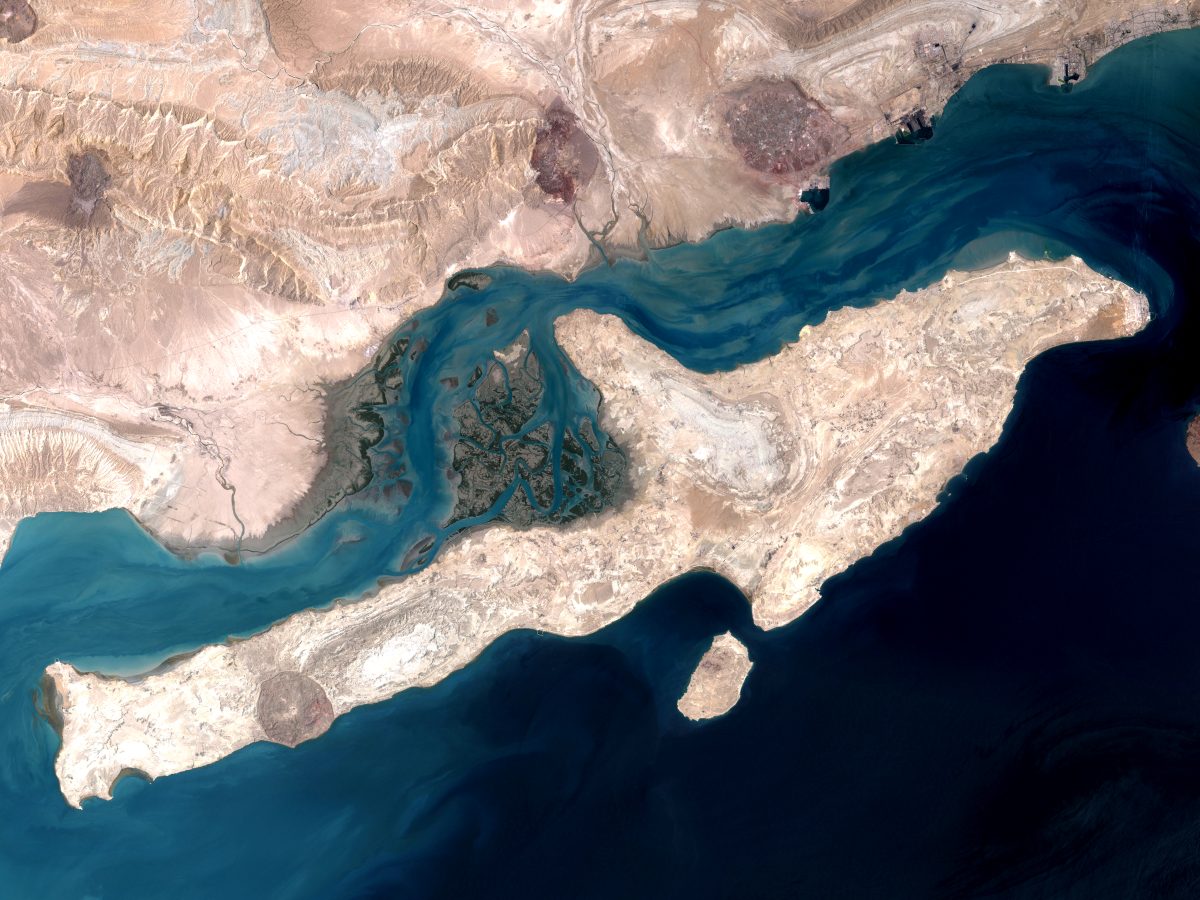 NASA satellite image of Qeshm Island and the Strait of Hormuz