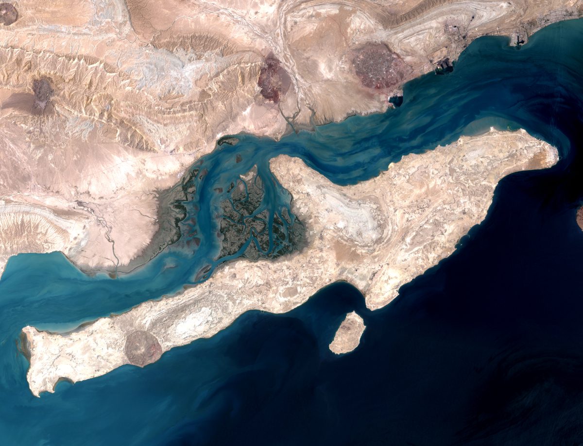 NASA satellite image of Qeshm Island and the Strait of Hormuz