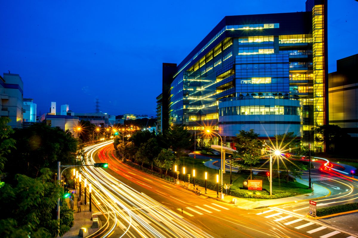 TSMC Fab 12B semiconductor manufacturing facility in Taiwan at night