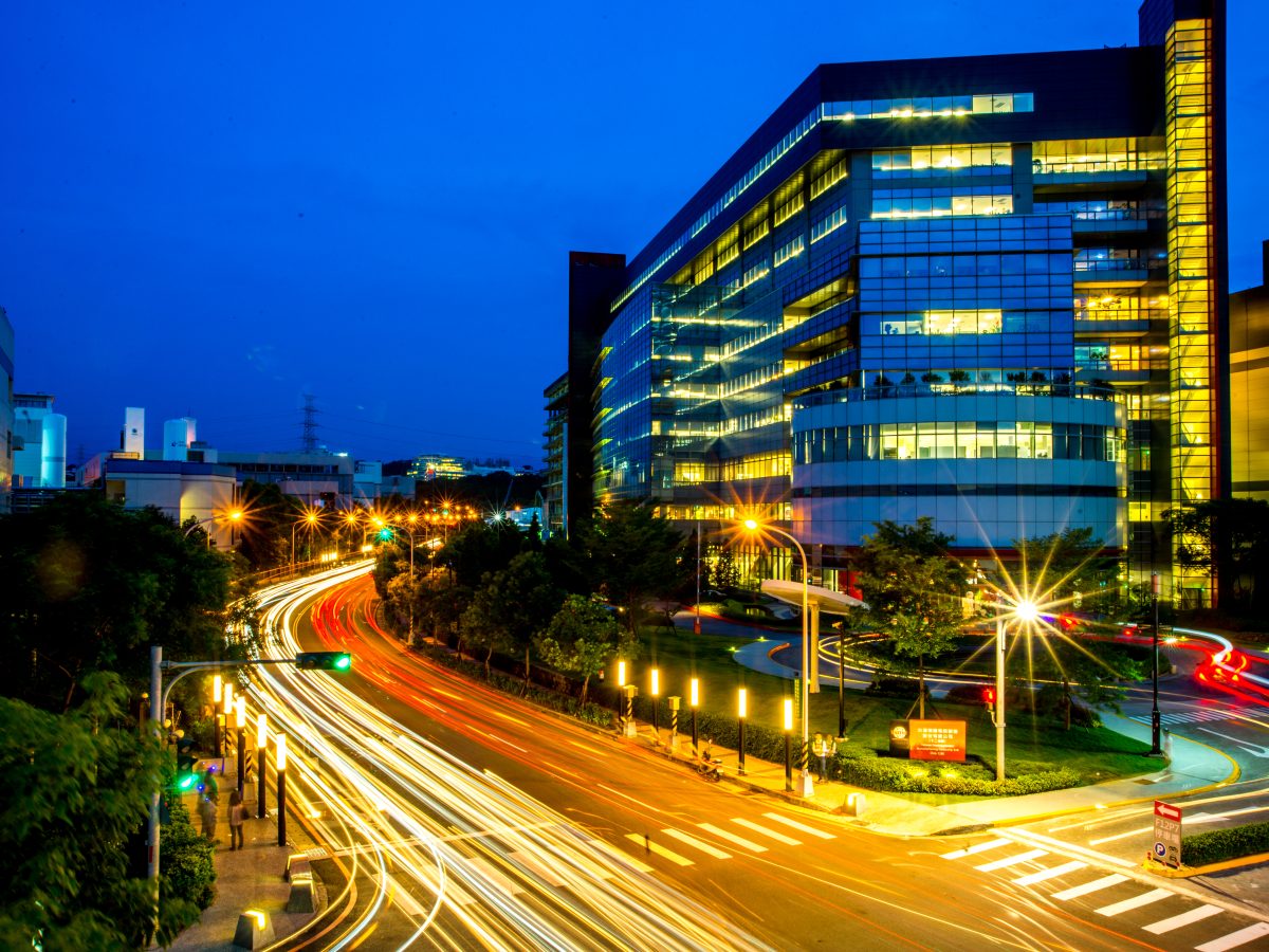 TSMC Fab 12B semiconductor manufacturing facility in Taiwan at night