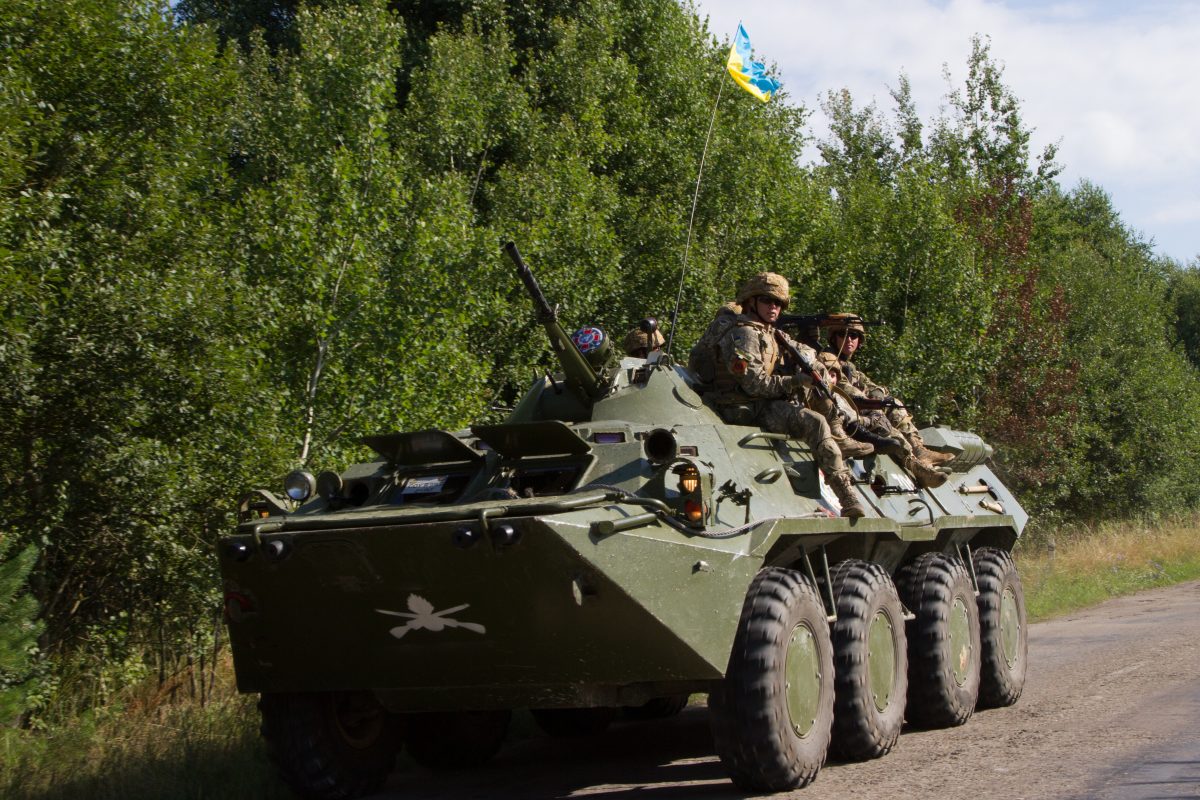 Ukrainian soldiers training on a BTR-80 armoured vehicle