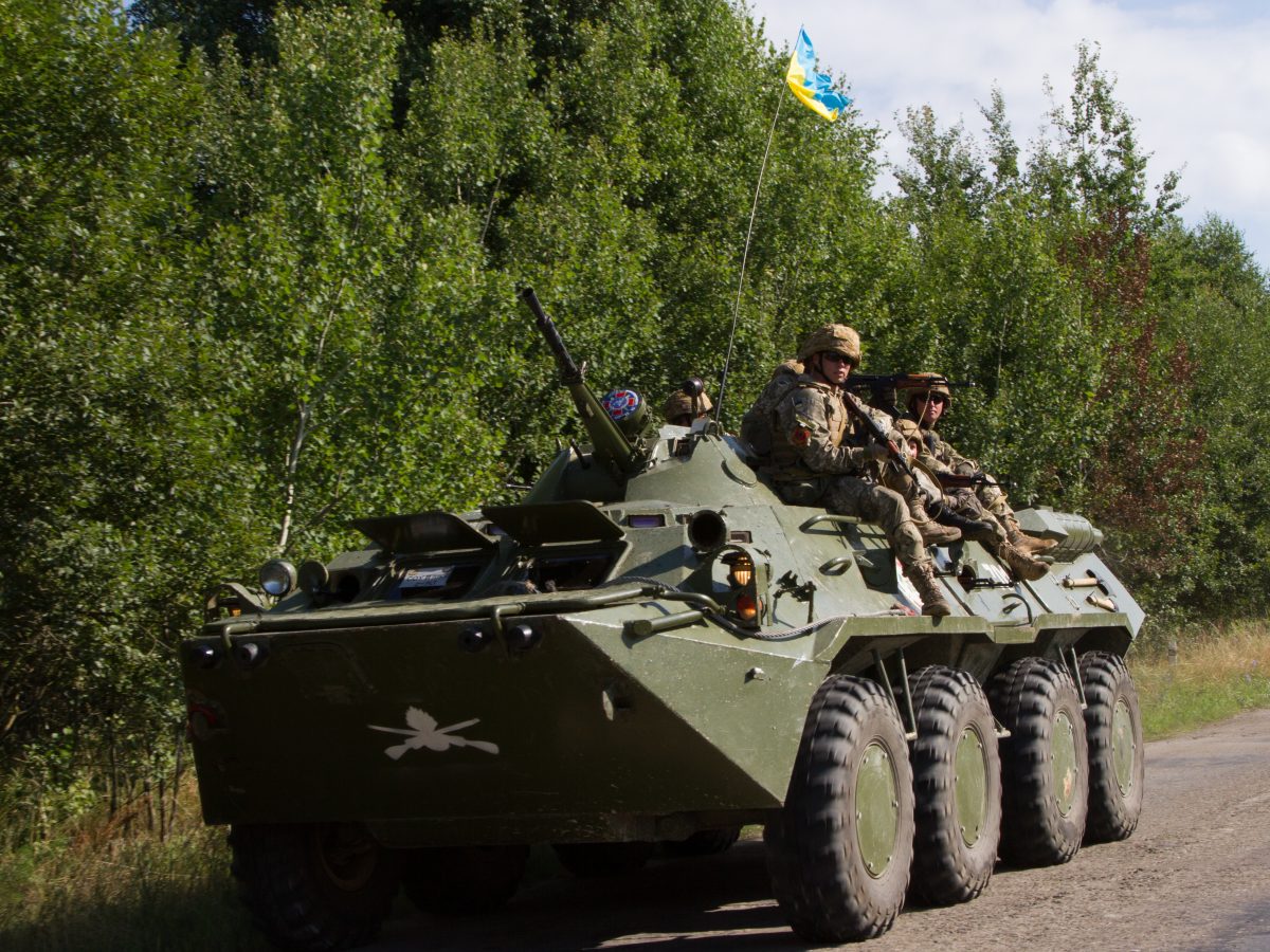 Ukrainian soldiers training on a BTR-80 armoured vehicle