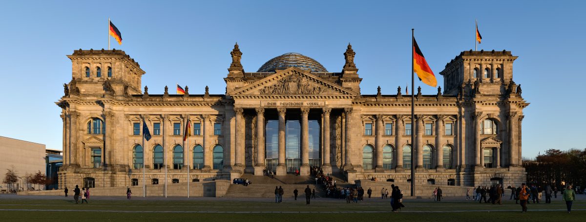 The Reichstag building in Berlin, seat of the German Bundestag, photographed before sunset