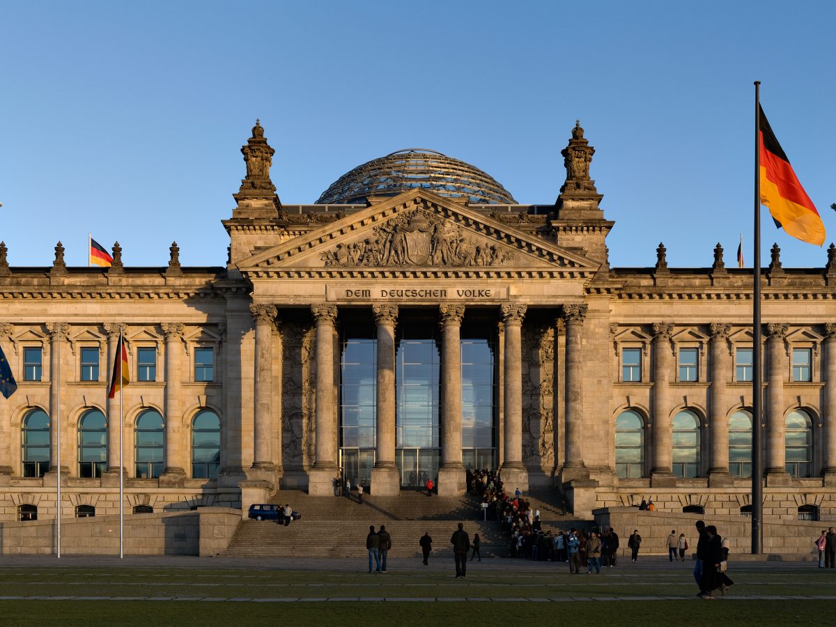 The Reichstag building in Berlin, seat of the German Bundestag, photographed before sunset