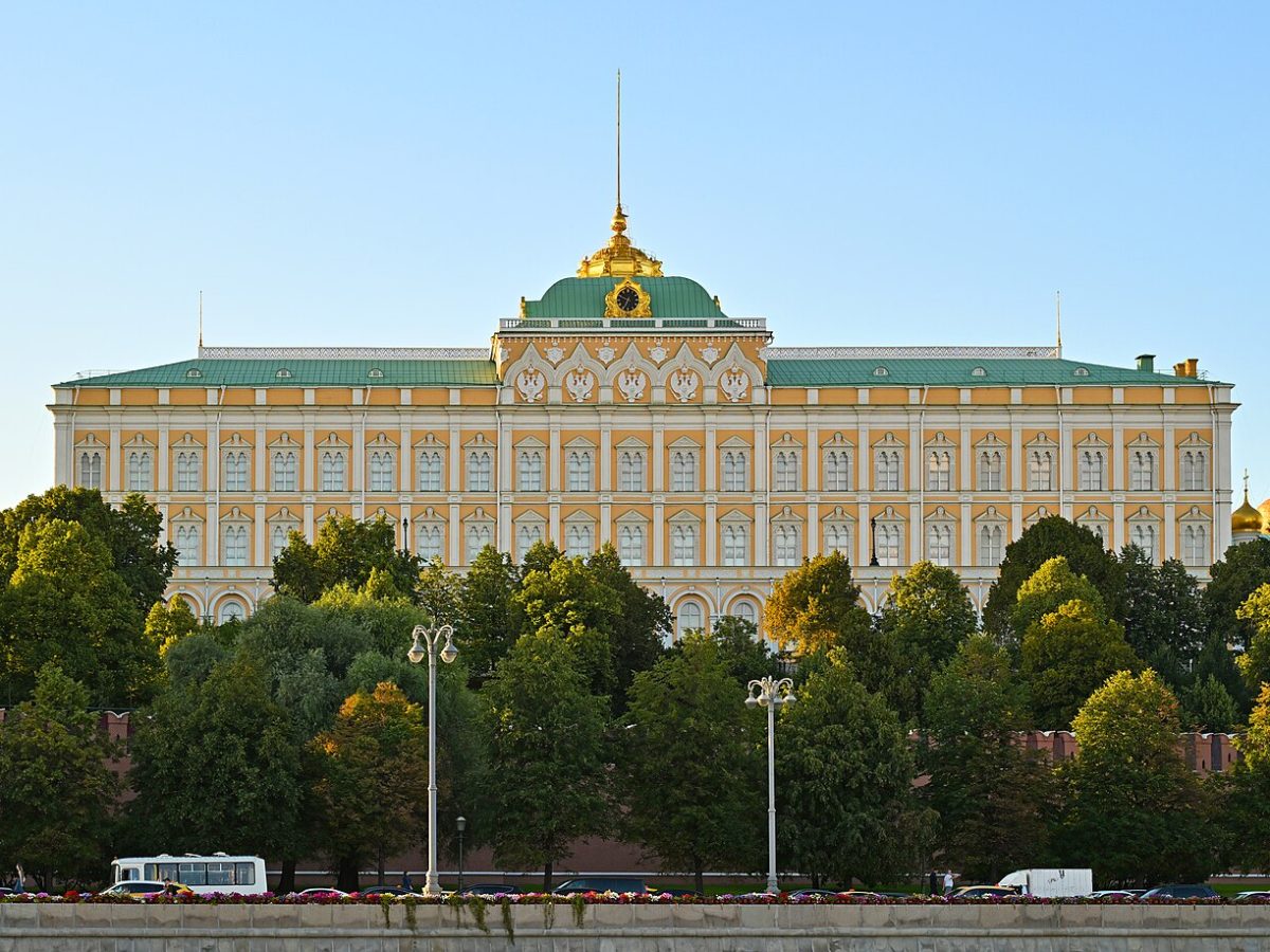 The Grand Kremlin Palace along the Moscow River at sunset