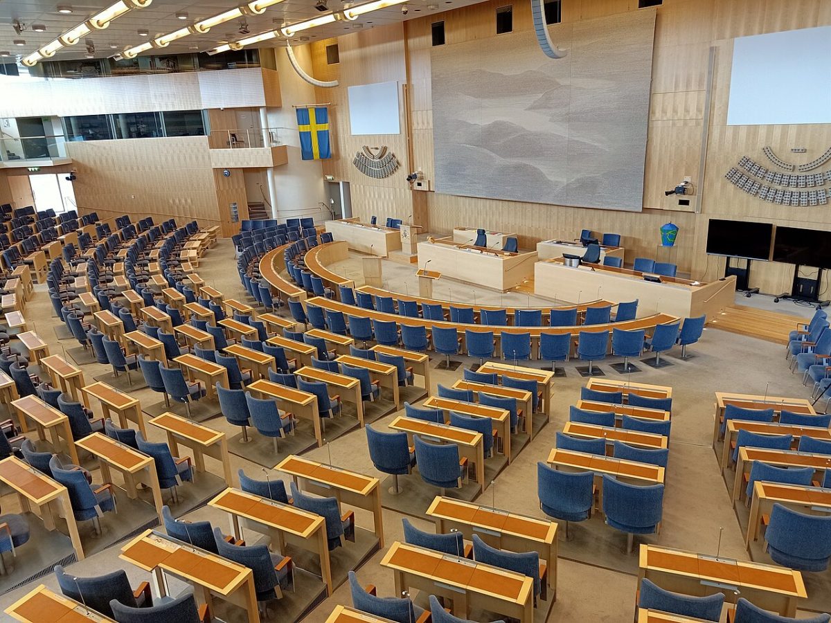 Interior of the Swedish Parliament (Riksdag) chamber in Stockholm